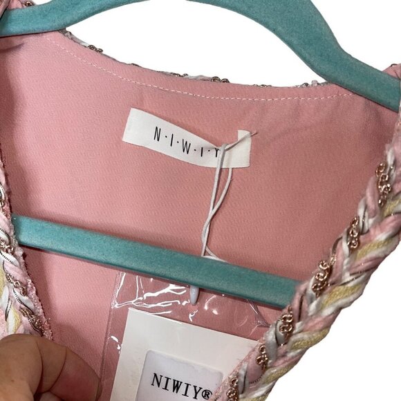 Niwiy Womens Vest Size Large Pink Tweed Pockets Button Up V Neck Sleeveless - Picture 5 of 10